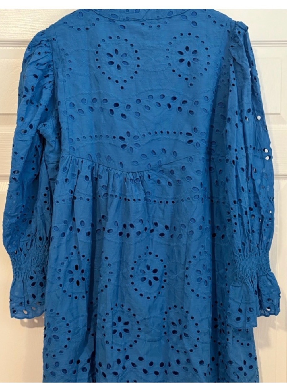 Eyelet Lace Midi Dress Sz L V Neck Puff 3/4 Sleeve boho summer lined - Picture 2 of 5